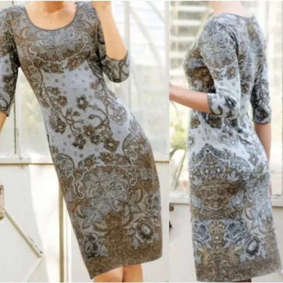 PERUVIAN CONNECTION Pima Cotton Sweater Dress Ornate Sky Blue Cocoa Brown {M14} - Picture 1 of 5